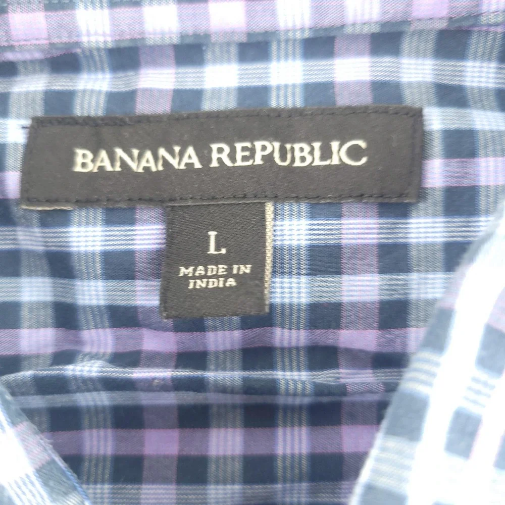 Banana Republic Shirt Mens L Blue Check Long Sleeve Snap Western Stretch Casual
